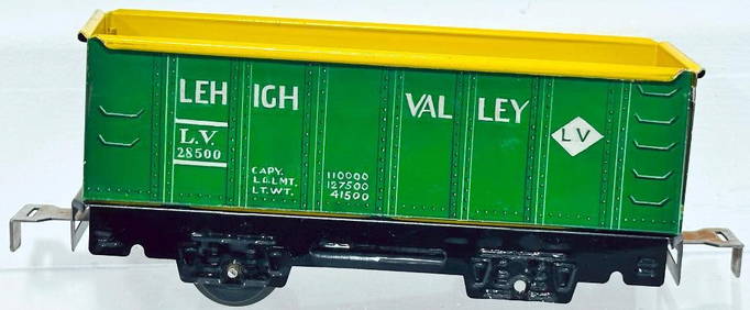 Marx Postwar O Gauge green and yellow Lehigh Valley Hopper Car 4 Wheel Factory Prototype (1 of 6)