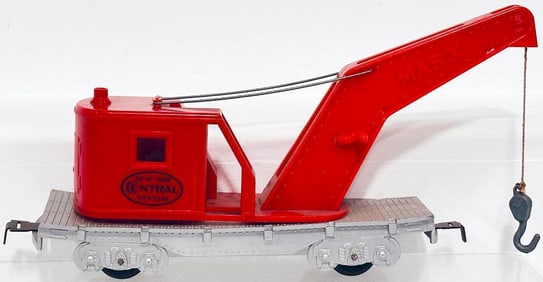 Marx Postwar O Gauge gray and red plastic four-wheel Crane Car Factory Prototype