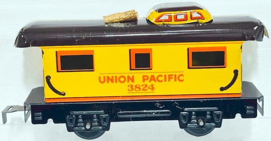Marx Postwar O Gauge Union Pacific yellow and Brown 4 Wheel metal Litho Caboose Factory Archives