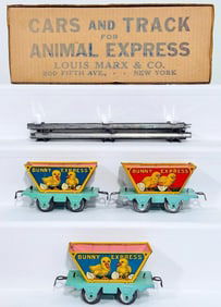 Marx Postwar O Gauge Three (3) Bunny Express Animal Cars/ Three (3) Straight Sections of Track Boxed