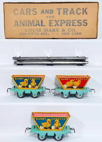Marx Postwar O Gauge Three (3) Bunny Express Animal Cars/ Three (3) Straight Sections of Track Boxed (1 of 7)