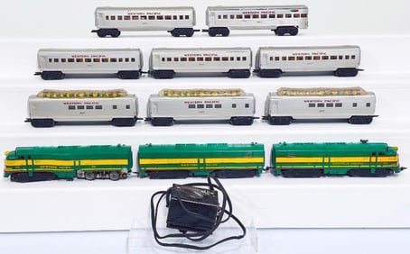 Marx Postwar O Gauge Western Pacific A-B-A Diesel Units and Eight (8) Assorted WP Passenger Cars