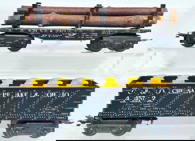 Marx Postwar O Gauge New York Central Log Car/ Chesapeake & Ohio Hopper Car with barrels Factor
