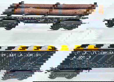 Marx Postwar O Gauge New York Central Log Car/ Chesapeake & Ohio Hopper Car with barrels Factor (1 of 6)