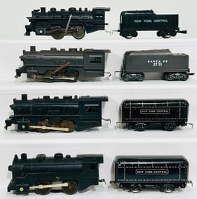 Marx Postwar O Gauge Four (4) Assorted black plastic Locomotives and Two (2) black plastic Tenders