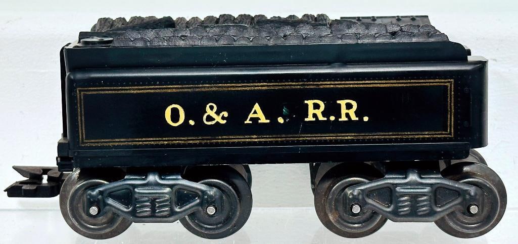 Marx Postwar O Gauge Old Fashioned Black O. & A. R. R. Tender Factory Prototype: Marx Postwar O Gauge Old Fashioned Black O. & A. R. R. Tender Factory Prototype, in C7, Factory Prototype Model #(left blank), dated 1-29-60, in Girard, Pennsylvania.