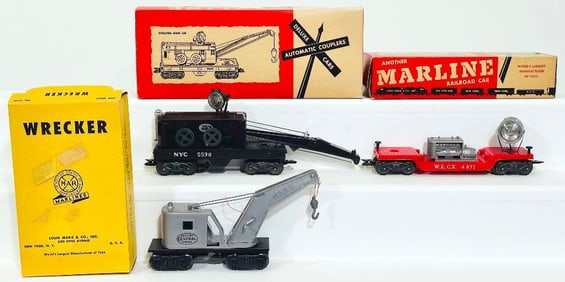 Marx Postwar O Gauge 5550 Wrecker Boxed/5571 Searchlight Car with Generator Boxed/4590 Crane