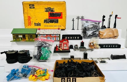 Marx Postwar O Gauge 9625 Allstate Electric Train Set and Assorted Marx Buildings and Transformers