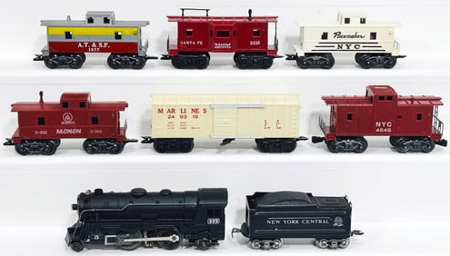 Marx Postwar O Gauge 999 Locomotive & NYC Tender/Rock Island Switcher and Six Assorted Freight Cars