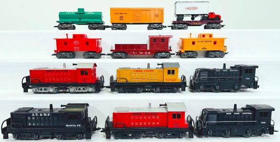 Marx Postwar O Gauge Six (6) Assorted Switchers and Six (6) Assorted Freight Cars