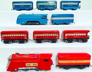 Marx Prewar and Postwar O Gauge Red Commodore Vanderbilt Locomotive and NYC Tender with Three Cars