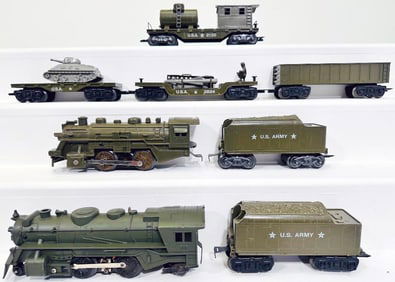 Marx Postwar O Gauge Army 400 Locomotive and U.S. Army Tender X2 and Four Assorted Army Freight Cars