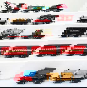 Marx Prewar and Postwar O Gauge Ten (10) Assorted Freight Cars/Tender/Three (3) red Passenger Cars