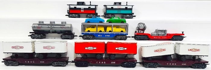 Marx Postwar O Gauge Three (3) Assorted Flat Cars with dual trailers/Five (5) Assorted Freight Cars