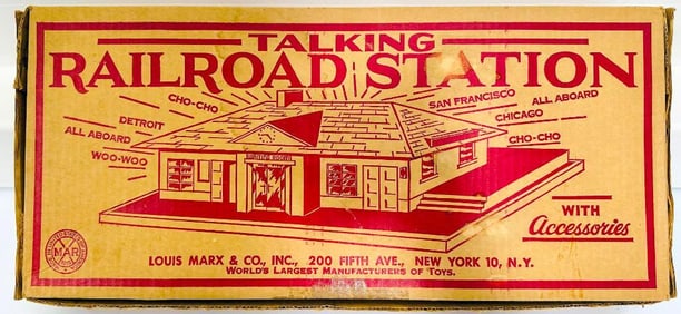 Marx Postwar O Gauge Talking Railroad Station with Accessories Boxed No. 4418 with contents
