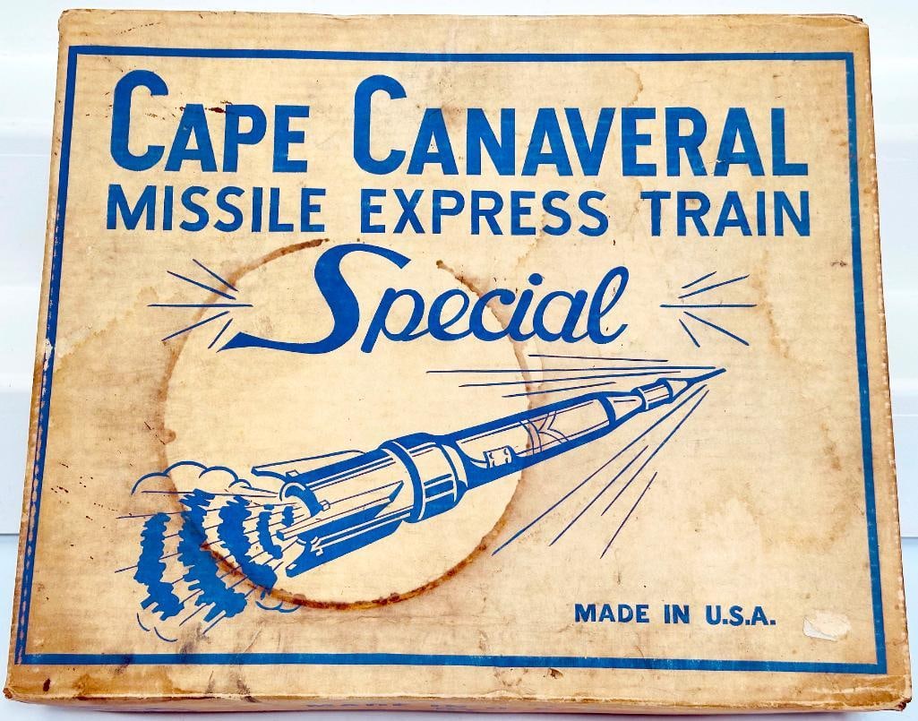 Marx Postwar O Gauge Outfit No. 7350 Cape Canaveral Freight Set Boxed: Marx Postwar O Gauge Outfit No. 7350 Cape Canaveral Freight Set Boxed, including 1798 Cape Canaveral Switcher, 1799 USAX Gondola with missiles, 1796 Rocket Launcher with Missiles Flat Car, X246 Rocket
