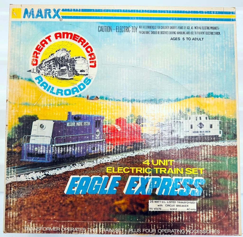 Marx Postwar O Gauge Outfit No. 7360 Eagle Express Set Boxed: Marx Postwar O Gauge Outfit No. 7360 Eagle Express Set Boxed, including 591 0 – 4 – 0 Locomotive, 951 NYC Tender, 4484 BAR Box Car, 36000 C&O Gondola and 20119 NYC Caboose, each in C7 plus