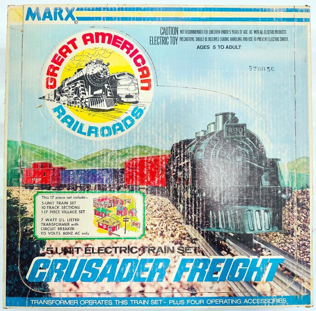 Marx Postwar O Gauge Outfit No. 4363 Crusader 490 Locomotive Freight Set Boxed: Marx Postwar O Gauge Outfit No. 4363 Crusader 490 Locomotive Freight Set Boxed, including 490 0 – 4 – 0 Locomotive, 1951 SP Tender, 467110 B&O Box Car, 715100 NYC Gondola and 1977 ATSF Cab