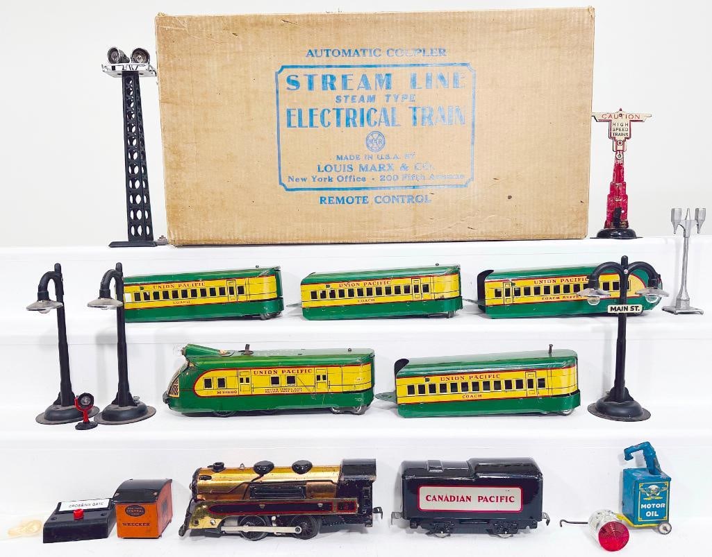 Marx Prewar O Gauge Outfit No. 15250 Switches and Track Only/M –10000 green and yellow Union: Marx Prewar O Gauge Outfit No. 15250 Switches and Track Only/M – 10000 green and yellow Union Pacific 5 Car Streamliner/Copper and Black Canadian Pacific Locomotive and Tender, each in C6 or bet