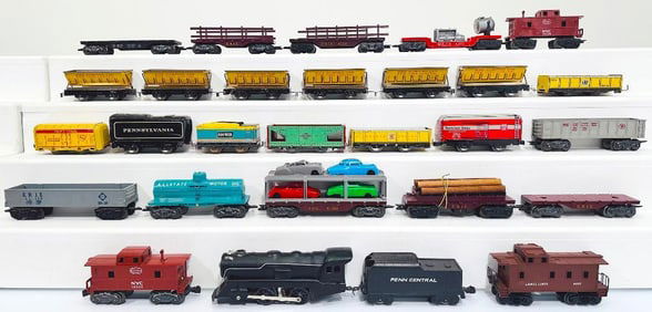 Marx Postwar O Gauge Six (6) Assorted 567 NYC Side Dumping Car/Black Locomotive and Tender/19 Cars