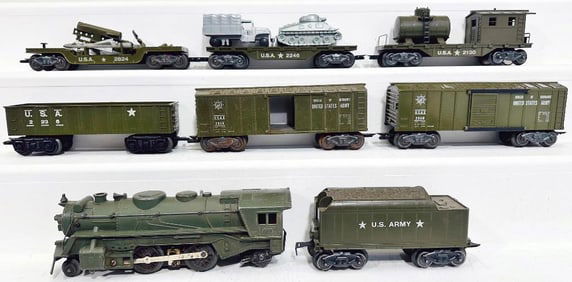 Marx Postwar O Gauge 666 Army Locomotive and Tender and Six (6) Army Freight Cars