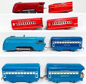 Marx Postwar O Gauge blue Mercury Locomotive and Three (3) Passenger Cars/red Mercury Locomotive