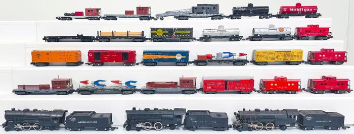 American Flyer Postwar S Gauge Three Assorted Locomotives and Tenders and 23 Assorted Freight Cars