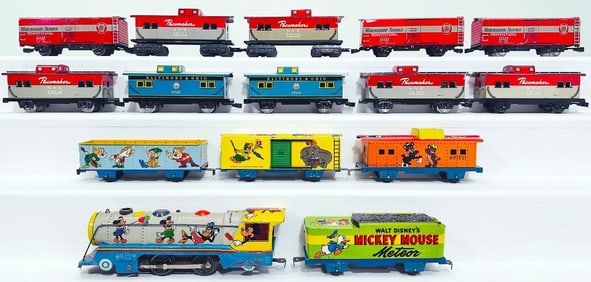 Marx Postwar O Gauge Disney Locomotive and Tender and 3 Disney Freight Cars/7Assorted Cabooses