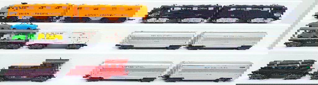 Marx Postwar O Gauge New York Central Passenger Set with Unlighted Cars and Outfit No. 41895B UP: Marx Postwar O Gauge New York Central Passenger Set with Unlighted Cars and Outfit No. 41895B Union Pacific E7 Freight Set, including Outfit No. 41895B consisting of Union Pacific in E7 A – B Di