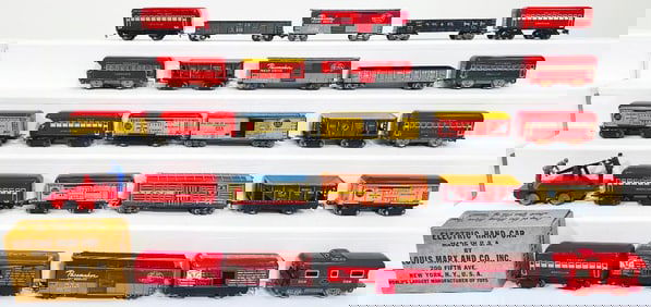 Marx Postwar O Gauge Assorted Thirty-Nine (39) Assorted Freight Cars/ Red Hand Car Boxed
