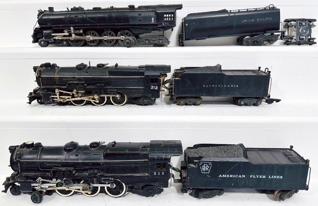 American Flyer Prewar 3/16s" Gauge 313 PRR Locomotive and Tender/312 Pennsylvania Locomotive/Tender: American Flyer Prewar 3/16s" Gauge 313 PRR Locomotive and Tender/312 Pennsylvania Locomotive and Tender/571 Union Pacific Locomotive and Tender, each in C6 to C6 plus.