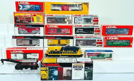 Lionel Modern O Gauge Alaska SD-9 Diesel Engine Boxed and Fourteen (14) Assorted Freight Cars Boxed