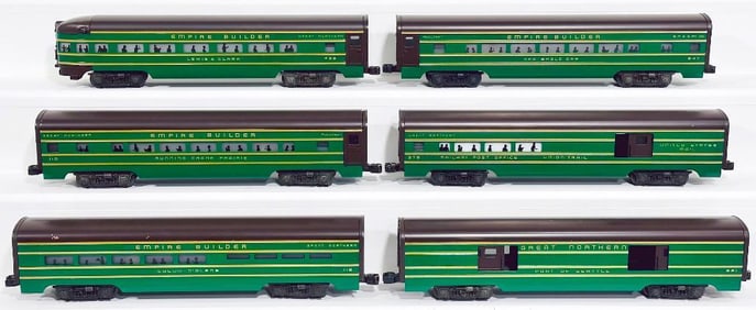 Lionel Modern O Gauge Six (6) Assorted Great Northern green and brown roof Passenger Cars