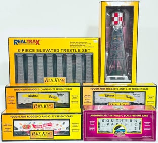 MTH Modern O Gauge Four Assorted Box Cars/8 Piece Elevated Trestle System/Rail King #193 Water Tower