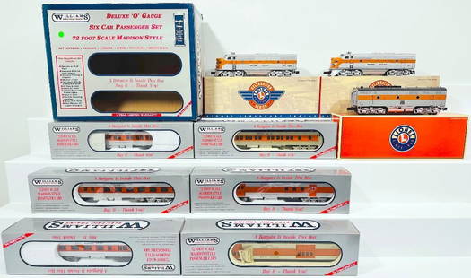 Williams Modern O Gauge Western Pacific 70 foot Scale Madison Car Boxed X6 and Lionel Modern O Gauge: Williams Modern O Gauge Western Pacific 70 foot Scale Madison Car Boxed X6 and Lionel Modern O Gauge Western Pacific F &#8211; 3 A Powered and A Dummy Diesel Units Boxed, each in C8 plus and each with