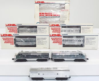 Lionel Modern O Gauge Burlington F3 A-B-A Diesel Units and Four Assorted Burlington Aluminum Cars