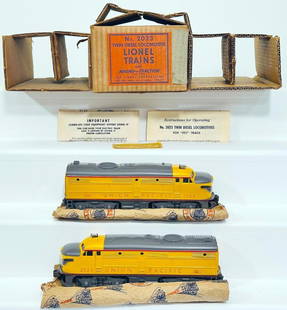 Lionel Postwar O Gauge 2023 Union Pacific A - A Diesel Alco Units Gray Nose Boxed: Lionel Postwar O Gauge 2023 Union Pacific A - A Diesel Alco Units Gray Nose Boxed, repainted to look C7 to C7 Plus, and with its original master carton, liners, paper and instructions.