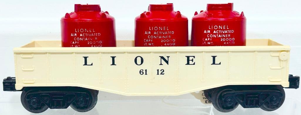 Lionel Postwar O Gauge 6112 White Gondola from 1958: Lionel Postwar O Gauge 6112 White Gondola from 1958, in C7 plus or better and with 3 red Canisters. 
