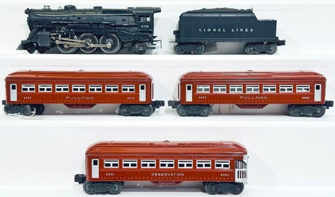 Lionel Postwar O Gauge 675 Steam Locomotive and 6466WX Tender with 6442 - 6442 - 6443 Brown Cars