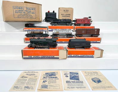Lionel Postwar O Gauge Outfit No. 1471WS 2035 Freight Set from 1950 Boxed: Lionel Postwar O Gauge Outfit No. 1471WS 2035 Freight Set from 1950 Boxed, including 2035 2 - 6 - 4 Steam Locomotive with operating headlight, smoke and magna traction and 6466W early Coal Whistle Ten