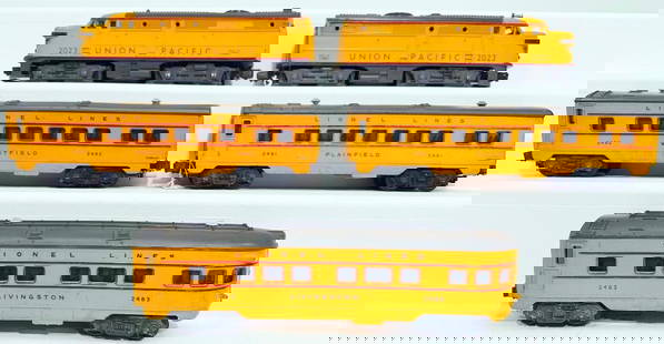 Lionel Postwar O Gauge 2023 Union Pacific Anniversary Passenger Set: Lionel Postwar O Gauge 2023 Union Pacific Anniversary Passenger Set, including a 2023 Union Pacific yellow and gray A - A Alco Diesel Units, each in C7; this Lot also includes 2481, 2482 and 2483 yell