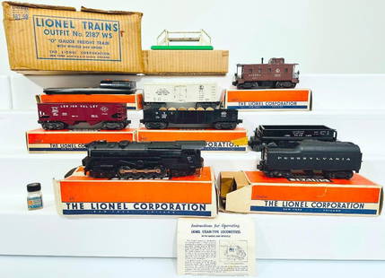 Lionel Postwar O Gauge Outfit No. 2187WS 671 RR Freight Set from 1952 Boxed: Lionel Postwar O Gauge Outfit No. 2187WS 671 RR Freight Set from 1952 Boxed, including a 671 RR 6 - 8 - 6 Steam Turbine Locomotive with operating headlight smoke and a 2046WX Streamline Whistle Tender