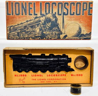 Lionel Postwar 1500 Lionel Loco Scope with film Boxed: Lionel Postwar 1500 Lionel Loco Scope with film, in C8 and with its original box. There are two (2) film stripes, one of the World's Fair and the other of the Lionel Factory.