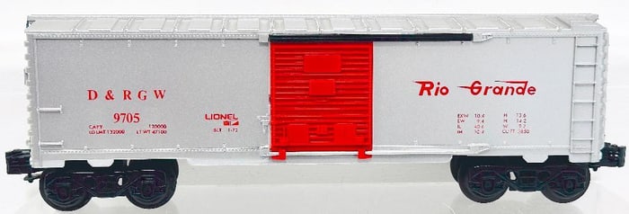Lionel Modern O Gauge 9705 Denver and Rio Grande Box Car silver with red lettering