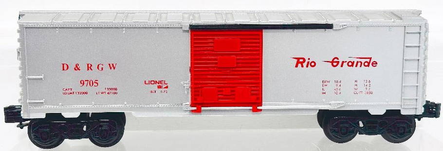 Lionel Modern O Gauge 9705 Denver and Rio Grande Box Car silver with red lettering: Lionel Modern O Gauge 9705 Denver and Rio Grande Box Car silver with red lettering, in C8 minus. Lionel produced 1972 TCA Convention - this is 1 off 11.