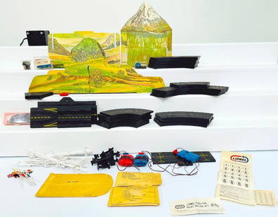 Lionel Postwar O Gauge Allstate Raceway Set Boxed: Lionel Postwar O Gauge Allstate Raceway Set Boxed, including curved and straight sections of track, guardrails, controllers, two (2) Cars and Transformer, all in overall C7 or better. This Lot also in