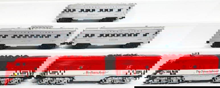 Lionel Postwar O Gauge Texas Special Passenger Set: Lionel Postwar O Gauge Texas Special Passenger Set, including 2245 A - B F3 Diesel Units in C7 plus. This Lot also includes the 2432 red letter Vista Dome Car C7 to C7 plus, 2434 red lettered Pullman