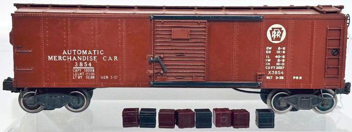 Lionel Postwar O Gauge 3854 Automatic Merchandise Car with merchandise boxes