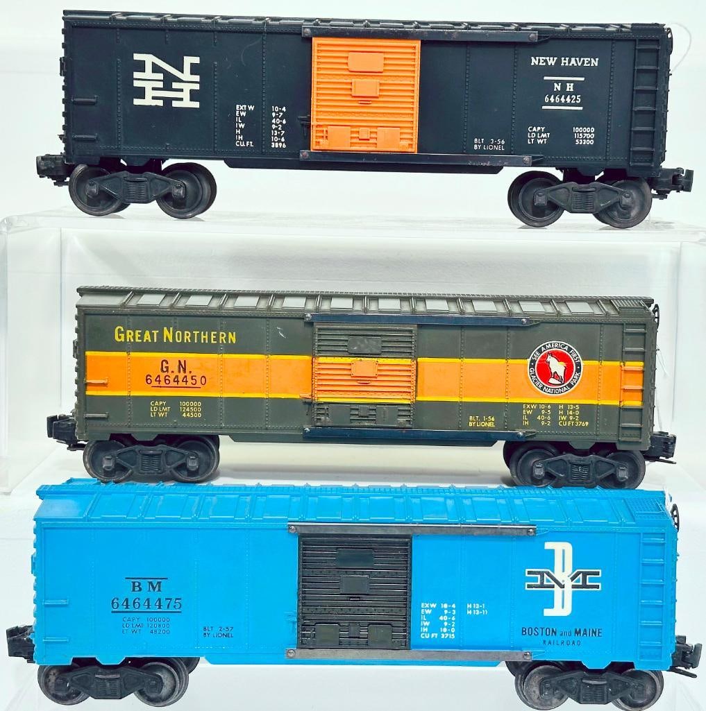 Lionel Postwar O Gauge 6464-425 New Haven Black Box Car/6464-450 GN Box Car III/6464-475 B&M Box Car (1 of 6)