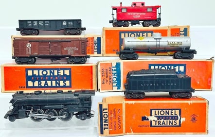 Lionel Postwar O Gauge 224 Locomotive and 2466W Tender with 2458 - 2452X - 2555 - 2457